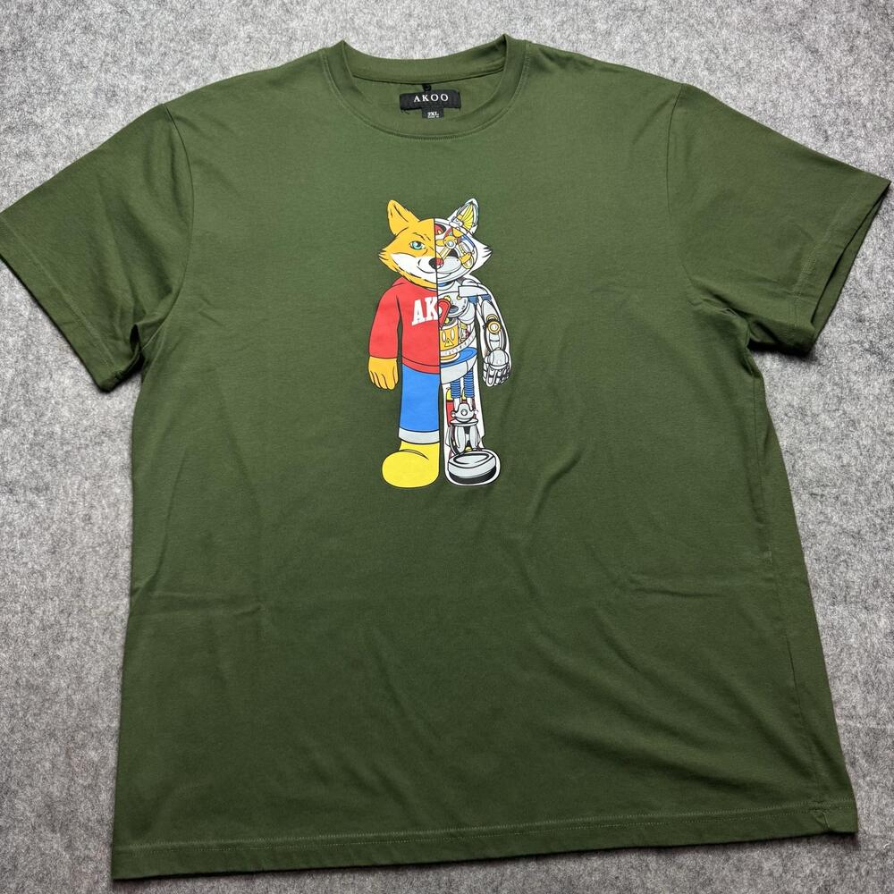 AKOO Shirt Mens 2XL Green Fox Robot Cartoon Rhinestone Graphic Streetwear Tee